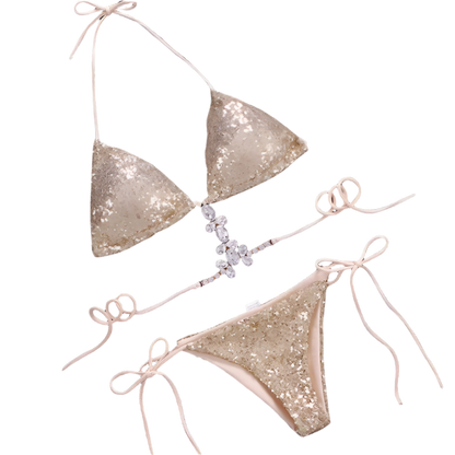 gold sequined bikini featuring a halter-style top. It has sparkling crystal embellishments and a decorative chain detail, adding an elegant and glamorous touch.