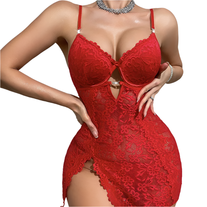 Red lace lingerie set on a neutral background