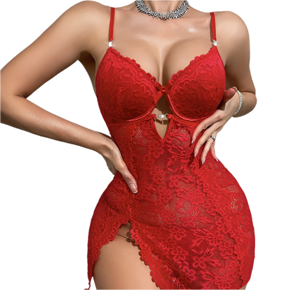 Red lace lingerie set on a neutral background
