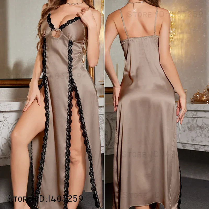 Sexy Split Suspender Nightgown Chemise Sleepwear Summer New Silky Satin Nightdress Intimate Lingerie Female Home Wear Loungewear