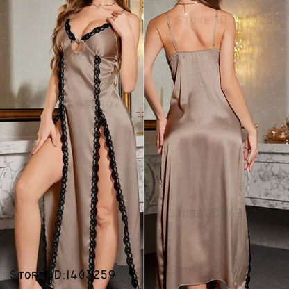 Sexy Split Suspender Nightgown Chemise Sleepwear Summer New Silky Satin Nightdress Intimate Lingerie Female Home Wear Loungewear