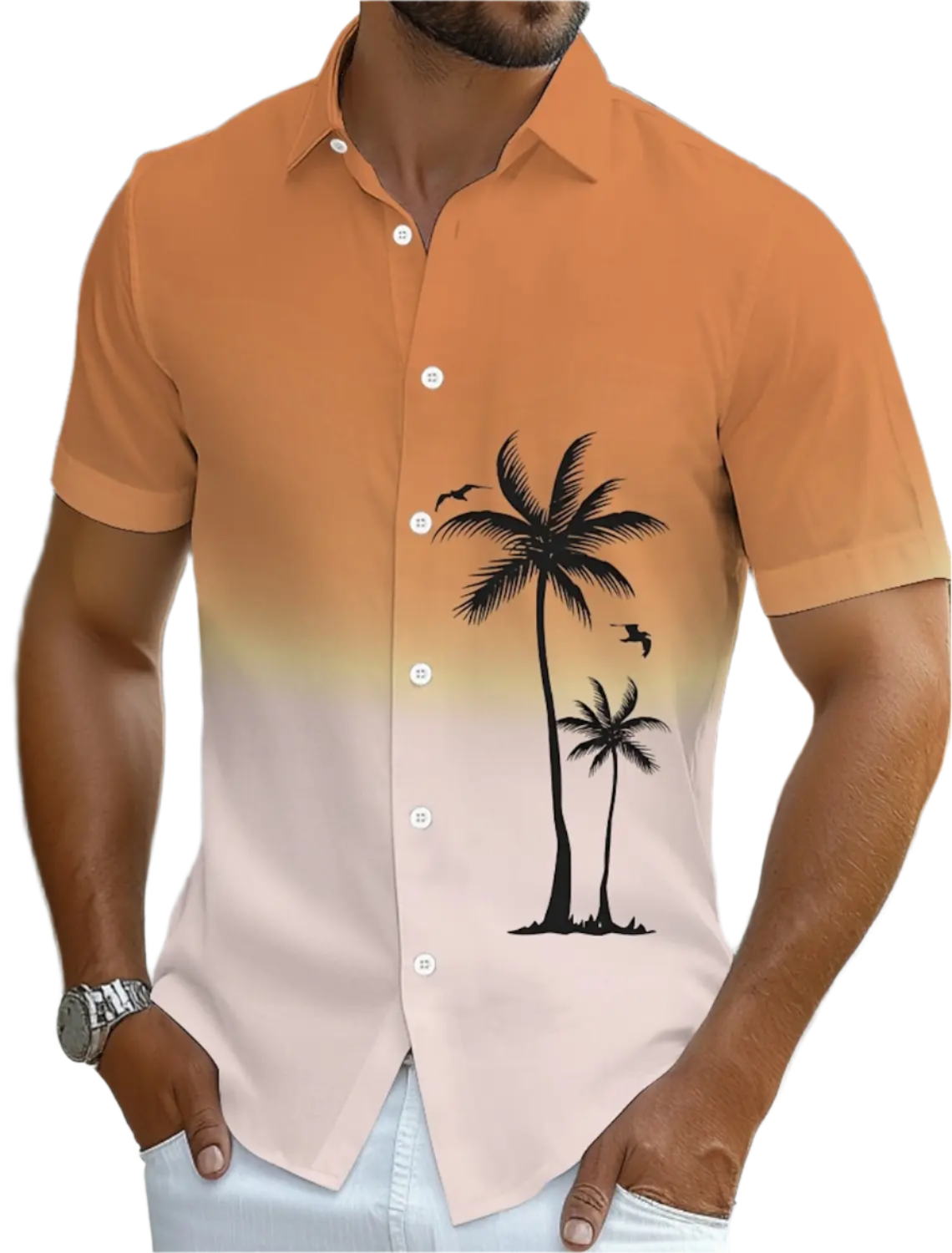 Man wearing a short-sleeve shirt with palm tree design and gradient effect