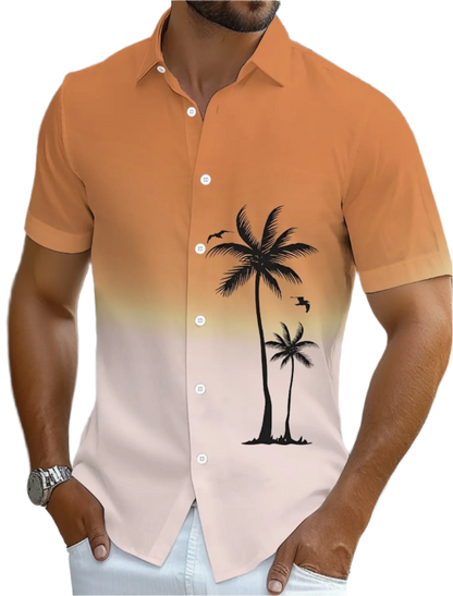 Man wearing a short-sleeve shirt with palm tree design and gradient effect