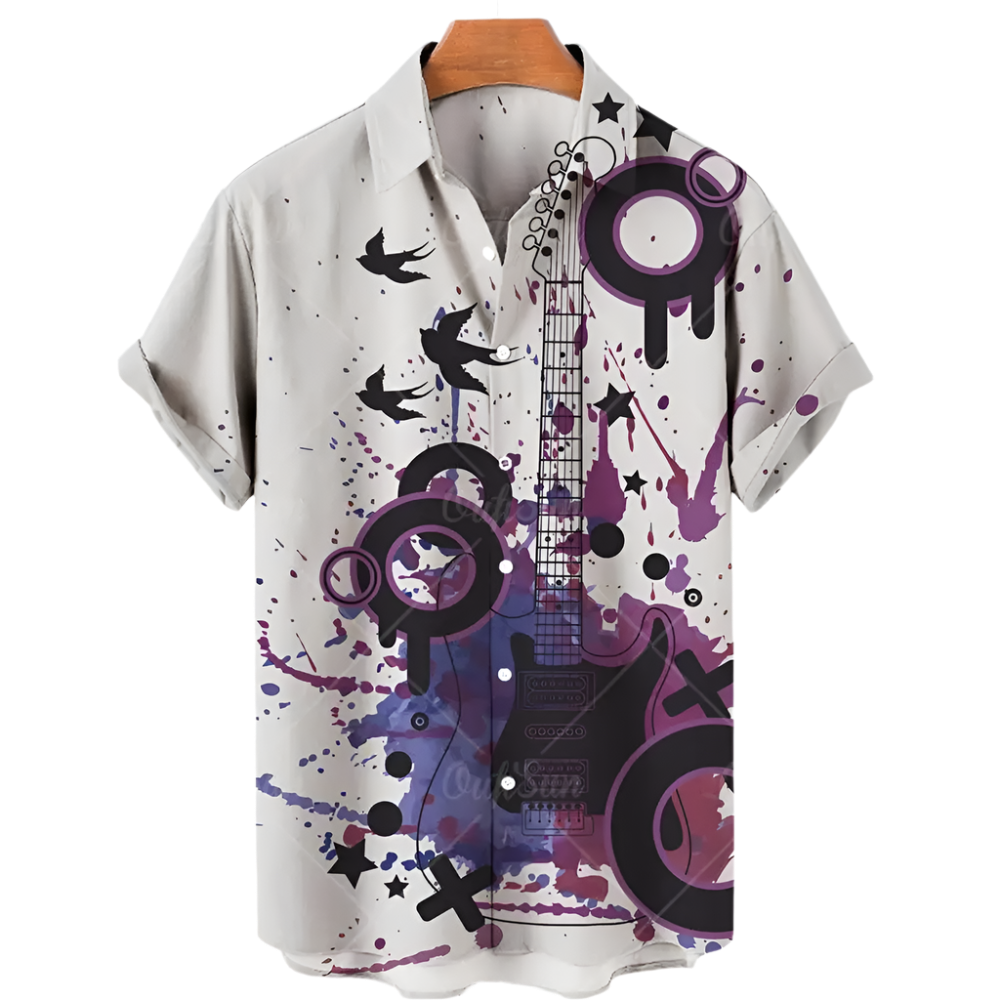 Short-sleeve shirt with guitar graphic design on a white background