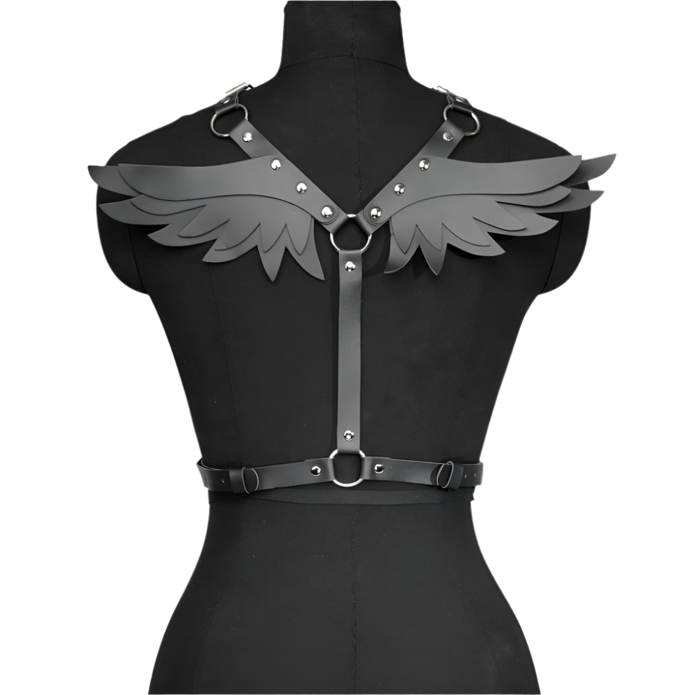 Gothic Leather Angel Wing Harness Belt in Black, Front View for Resort Theme Nights