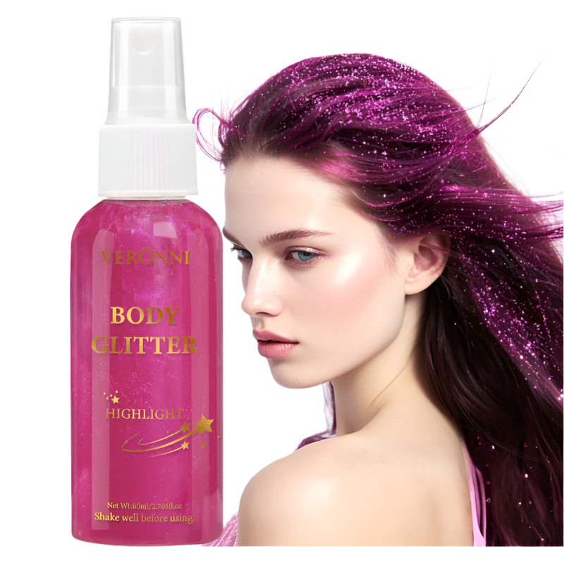 Bottle of Veronni Body Glitter Highlighter next to a model with glittery purple hair on a white background