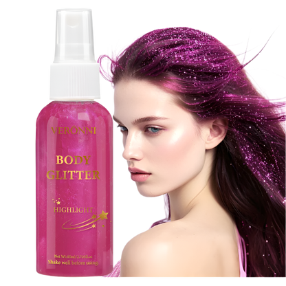 Bottle of Veronni Body Glitter Highlighter next to a model with glittery purple hair on a white background