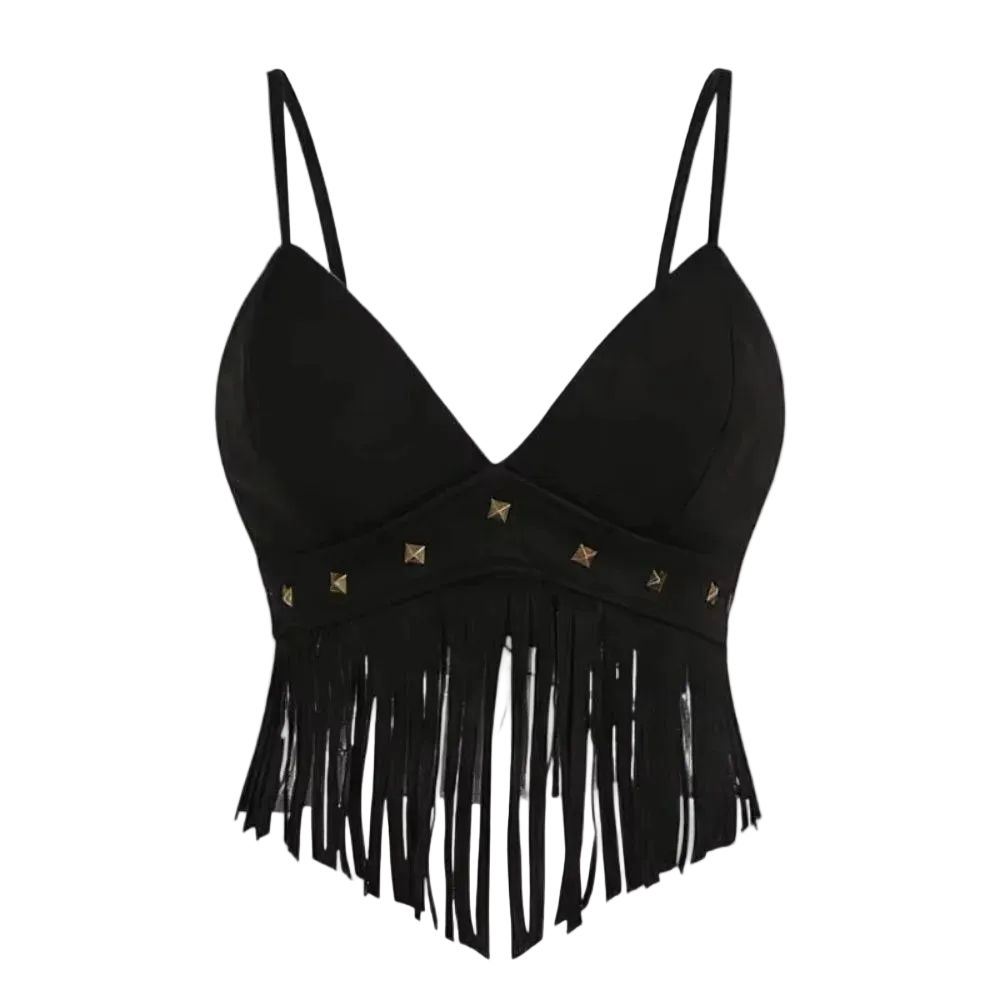 Black bustier-style camisole top with thin straps, a V-neckline, fringe trim along the hem, and small gold star-shaped studs across the bust band, shown on a plain white background.