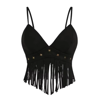 Black bustier-style camisole top with thin straps, a V-neckline, fringe trim along the hem, and small gold star-shaped studs across the bust band, shown on a plain white background.