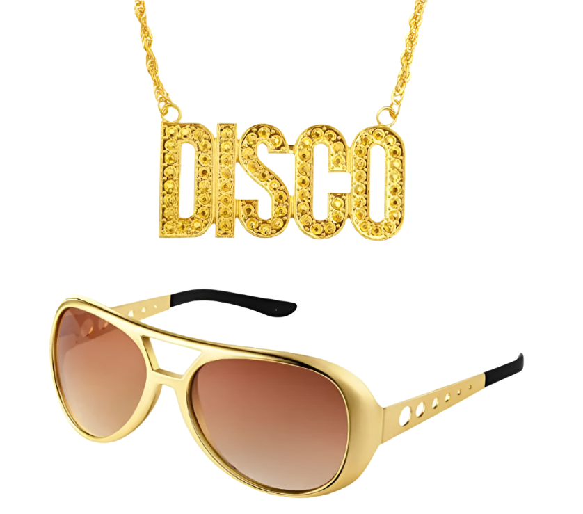 Gold 'DISCO' necklace and gold sunglasses with brown lenses on a white background