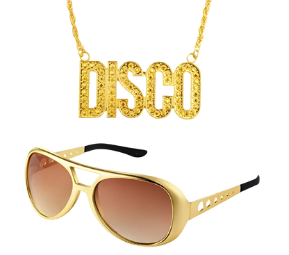 Gold 'DISCO' necklace and gold sunglasses with brown lenses on a white background