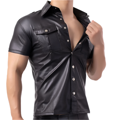 Black leather shirt with buttons on a white background