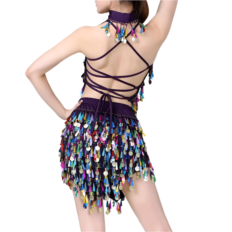  sequin coin tassel Latin dance set with fringe top and skirt for professional resort performances