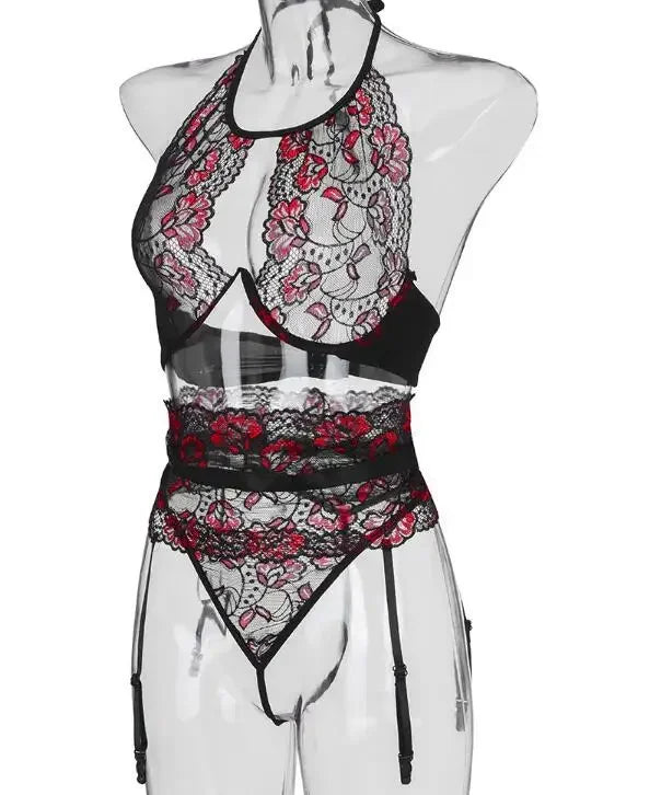 Women's Floral Lace Halter Lingerie Set | Three Piece Garter Set