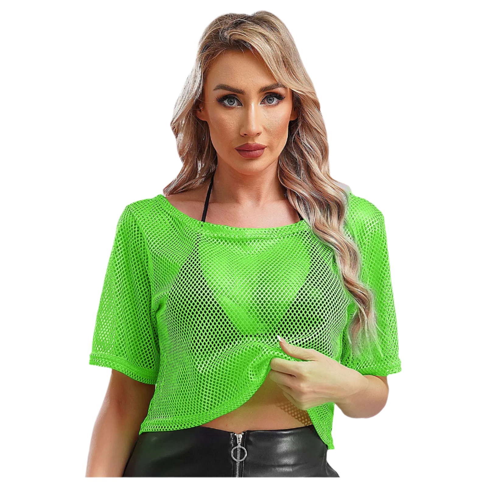 Woman wearing a bright green mesh top on a white background