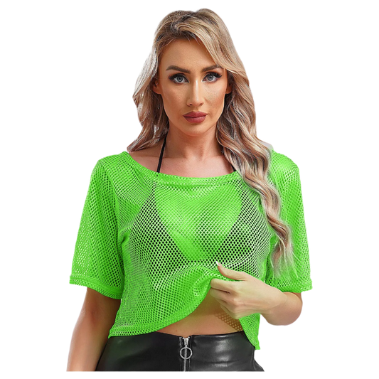 Woman wearing a bright green mesh top on a white background