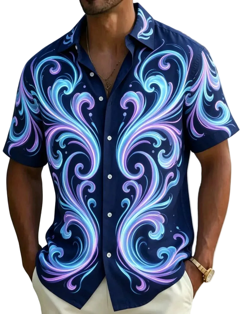 A man wearing a short-sleeve button-up shirt with a vibrant, swirling psychedelic print in shades of blue, purple, and white on a dark navy base. The shirt is styled with off-white pants, and blurred palm trees and a beach are visible in the background.