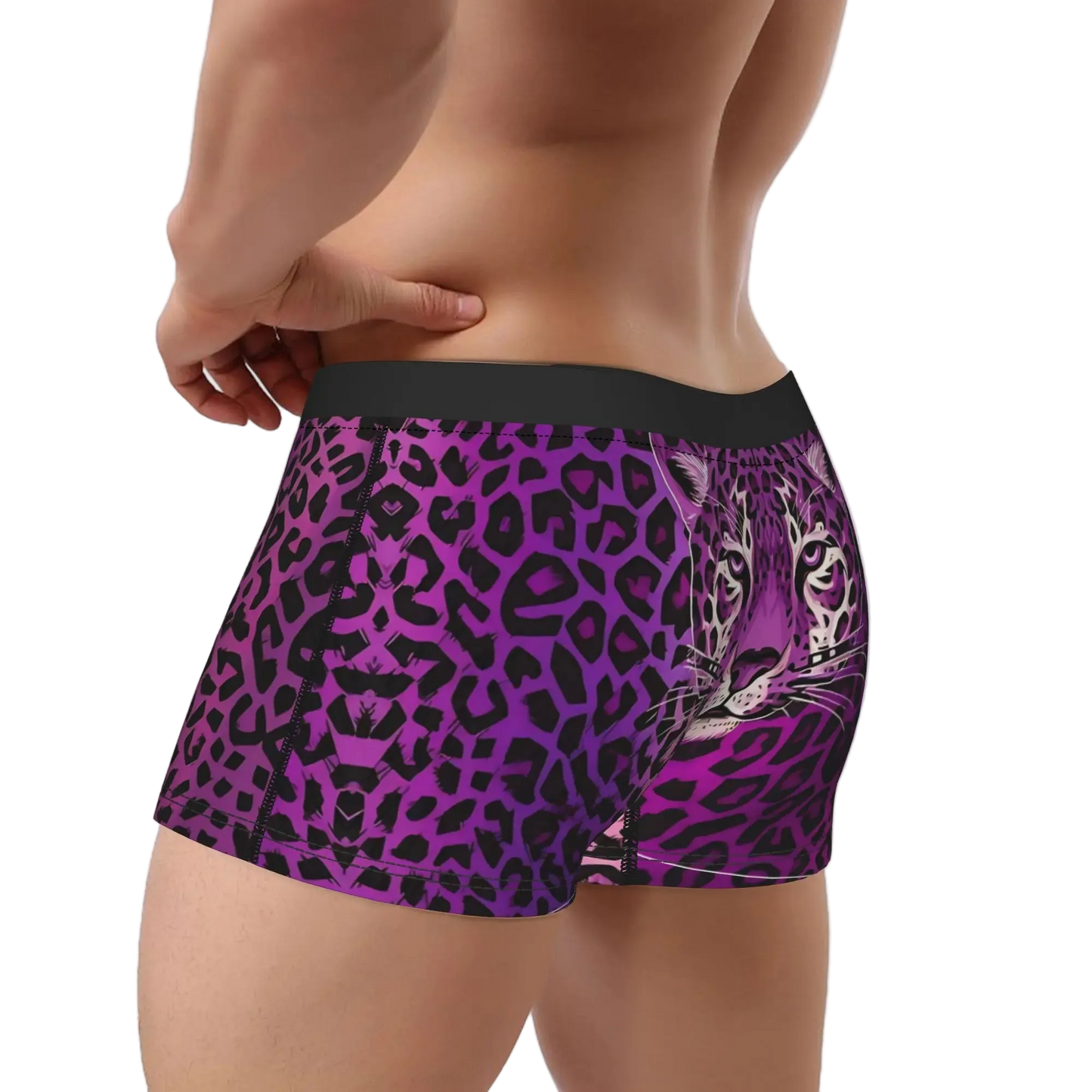 A close-up of a male model's lower back and hips wearing boxer briefs with a purple and black leopard print and a graphic of a tiger's face on the right side.