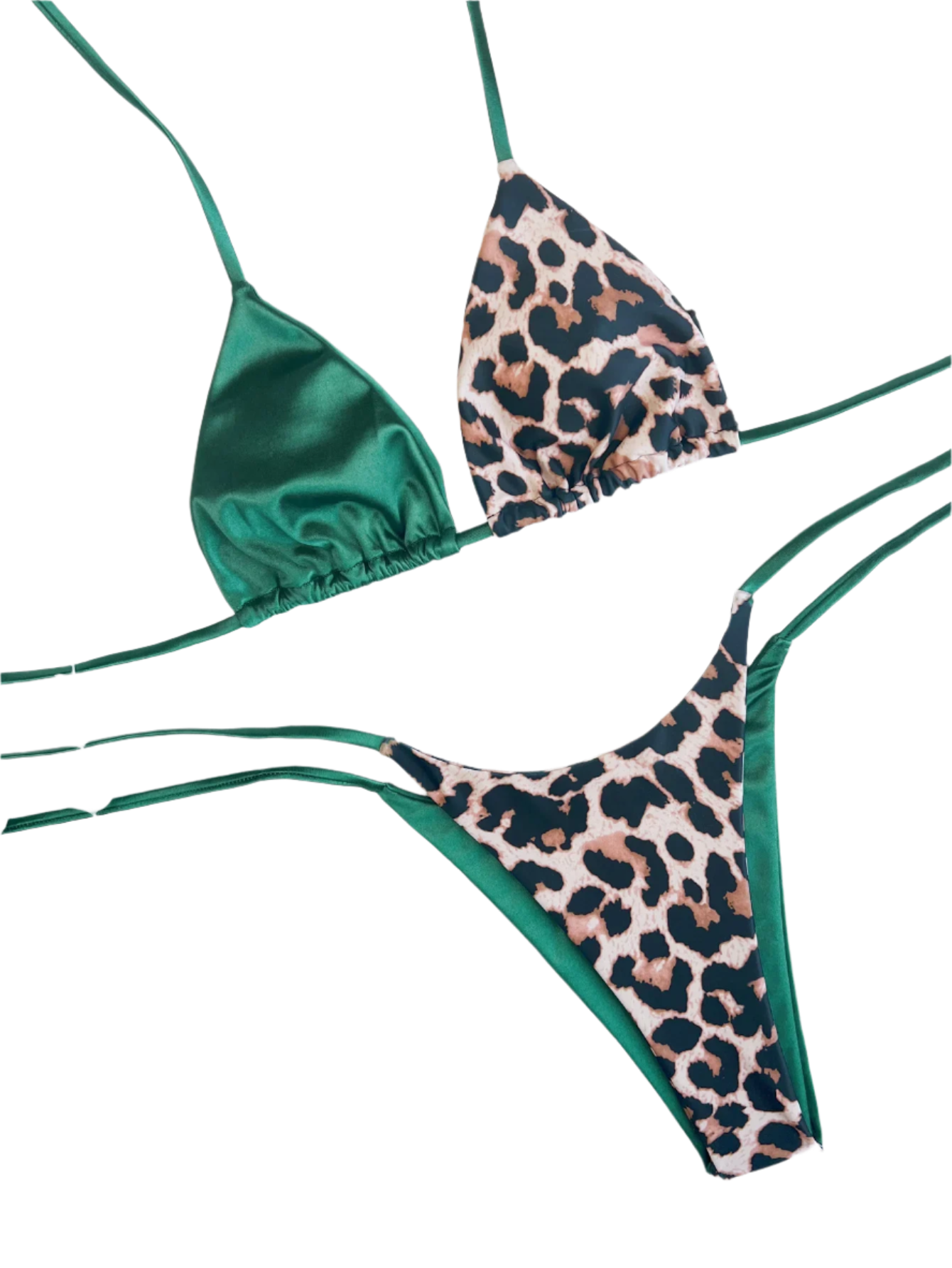 Green and Leopard Bikini: A trendy bikini with a mix of solid green and leopard print, featuring a triangle top and tie-side bottoms for a stylish beach look.