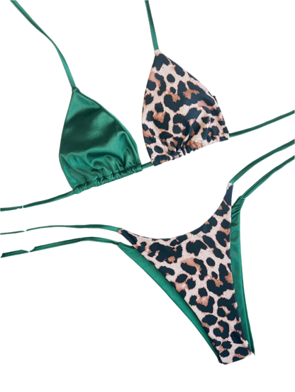 Green and Leopard Bikini: A trendy bikini with a mix of solid green and leopard print, featuring a triangle top and tie-side bottoms for a stylish beach look.