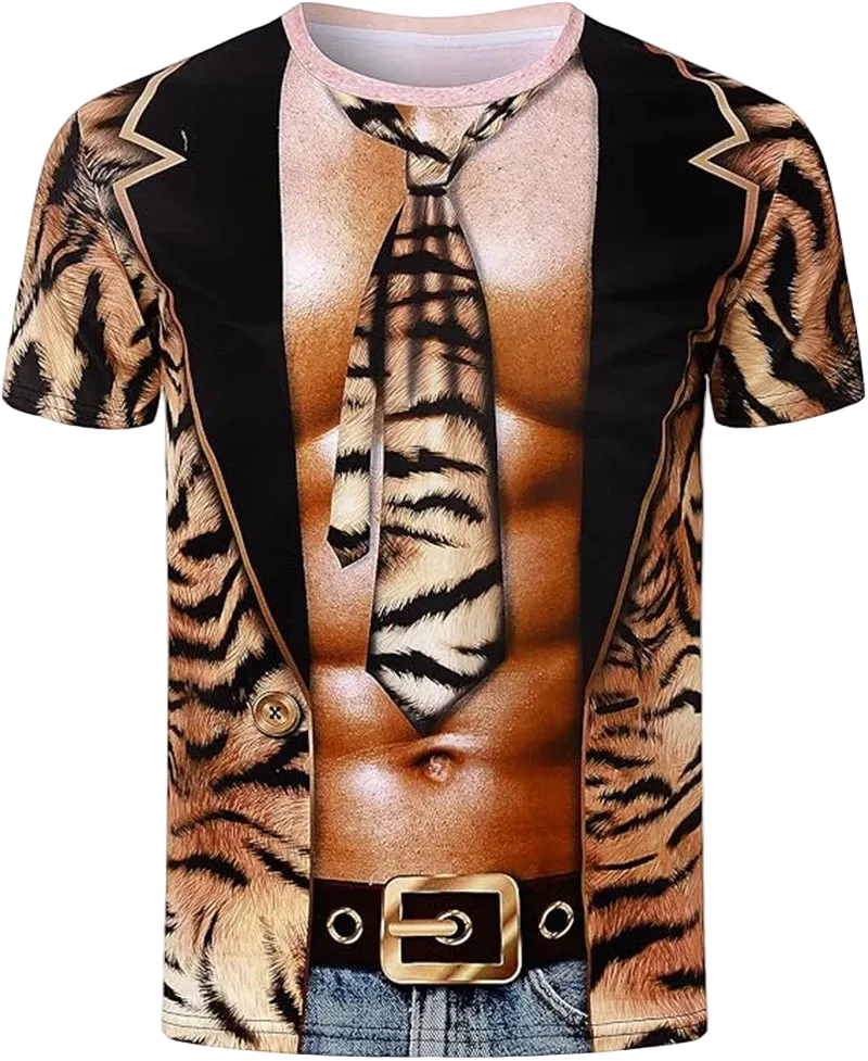 A short-sleeve crewneck t-shirt featuring a bold tiger-print and skin-tone graphic print. The design depicts an open black blazer with tiger-striped lapels, a tiger-striped tie, a muscular torso, and blue jeans with a gold-buckled belt.
