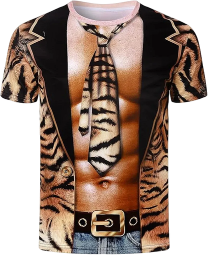 A short-sleeve crewneck t-shirt featuring a bold tiger-print and skin-tone graphic print. The design depicts an open black blazer with tiger-striped lapels, a tiger-striped tie, a muscular torso, and blue jeans with a gold-buckled belt.