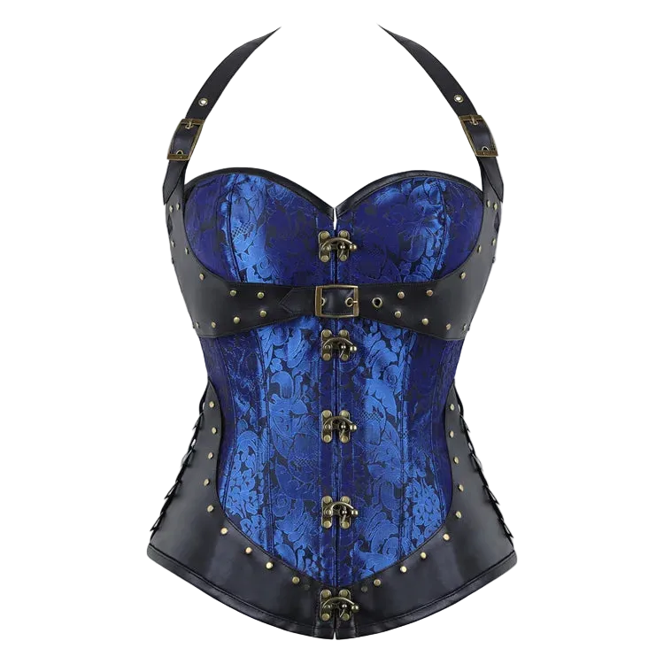 A steampunk-style corset top with a blue floral patterned fabric body, black faux-leather trim, and brass-tone metal hardware including buckles, studs, and lacing.