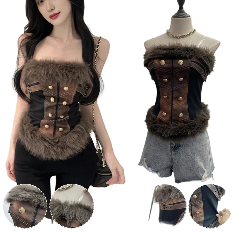 Steampunk-style strapless corset top with faux fur trim, brown leather-look panels, and gold-tone decorative buttons, shown on a model and on a mannequin torso; circular detail insets at the bottom highlight fabric and hardware close-ups.