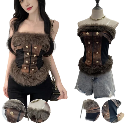 Steampunk-style strapless corset top with faux fur trim, brown leather-look panels, and gold-tone decorative buttons, shown on a model and on a mannequin torso; circular detail insets at the bottom highlight fabric and hardware close-ups.
