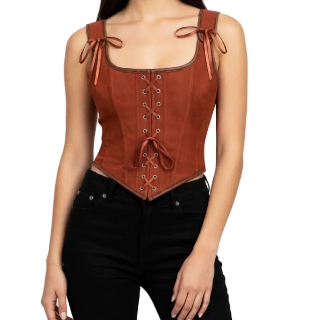 Brown suede corset top worn by a model on a white background