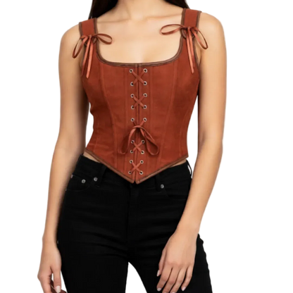 Brown suede corset top worn by a model on a white background