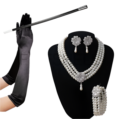 Complete Audrey Hepburn inspired accessory set with pearl necklace, earrings, gloves and cigarette holder for resort theme nights

