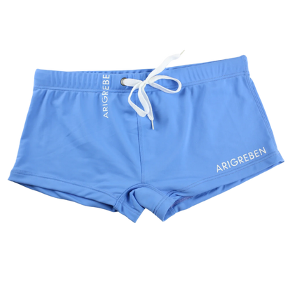 swim trunks with white drawstring and 'ARIGREBEN' branding