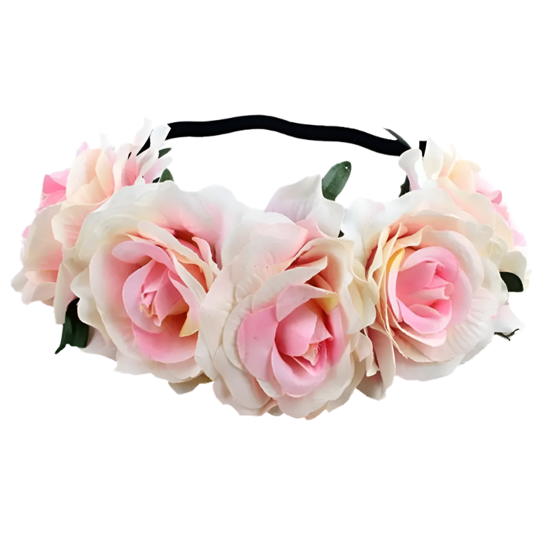 A floral headband featuring large, vibrant roses. The design is bold and romantic, perfect for a bohemian or festival look.