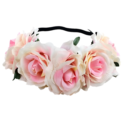 A floral headband featuring large, vibrant roses. The design is bold and romantic, perfect for a bohemian or festival look.