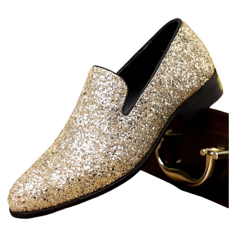 Gold and silver sequin designer loafers with slip-on design for resort formal events

