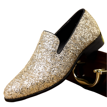 Gold and silver sequin designer loafers with slip-on design for resort formal events

