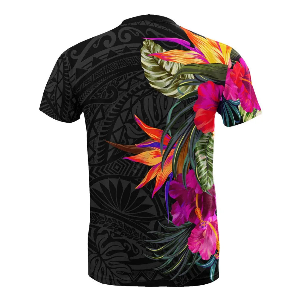 tropical  and black tribal-patterned t-shirt with turtle and floral designs.