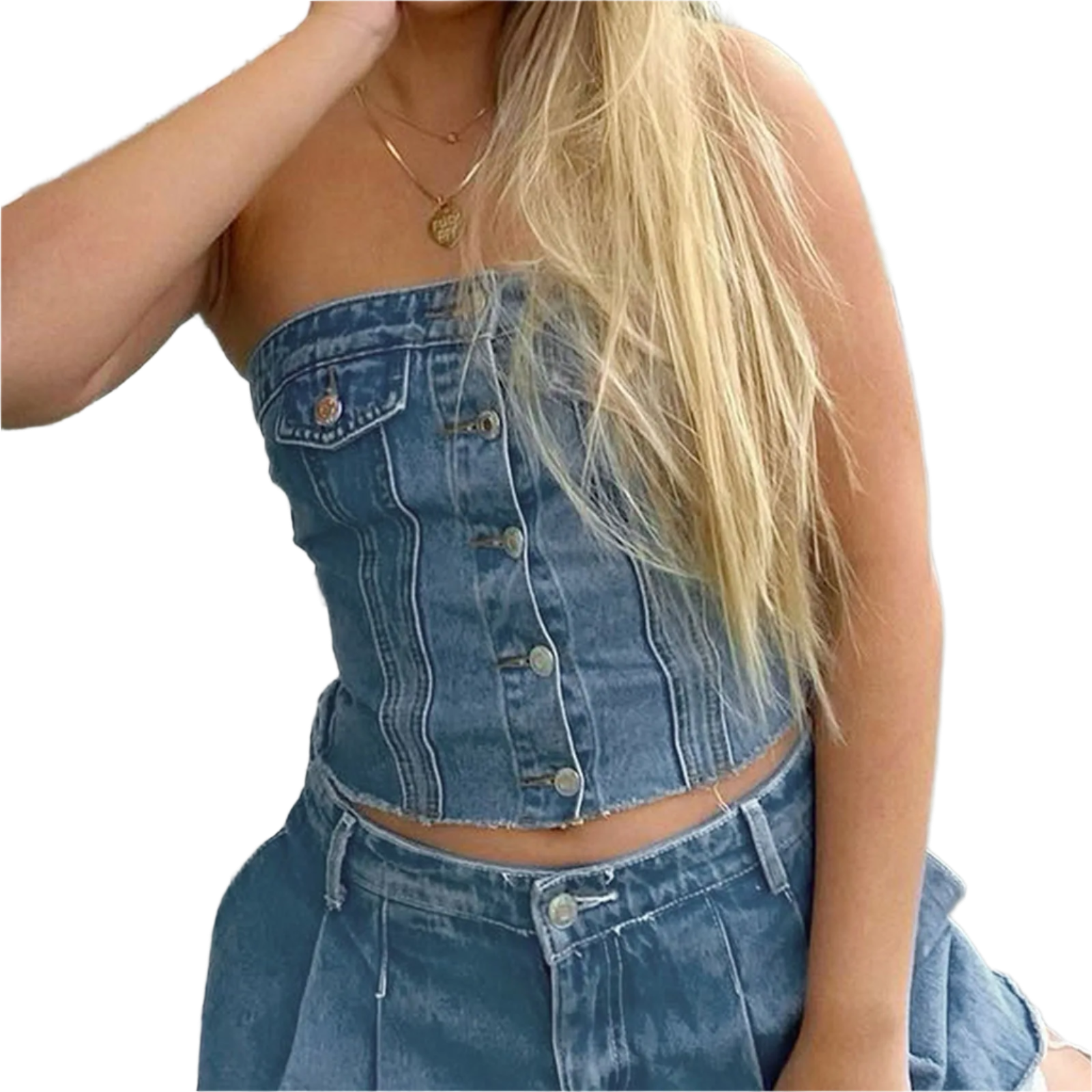 denim bra vest top with tight-fitting halter design for casual resort wear in large sizes