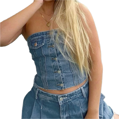 denim bra vest top with tight-fitting halter design for casual resort wear in large sizes