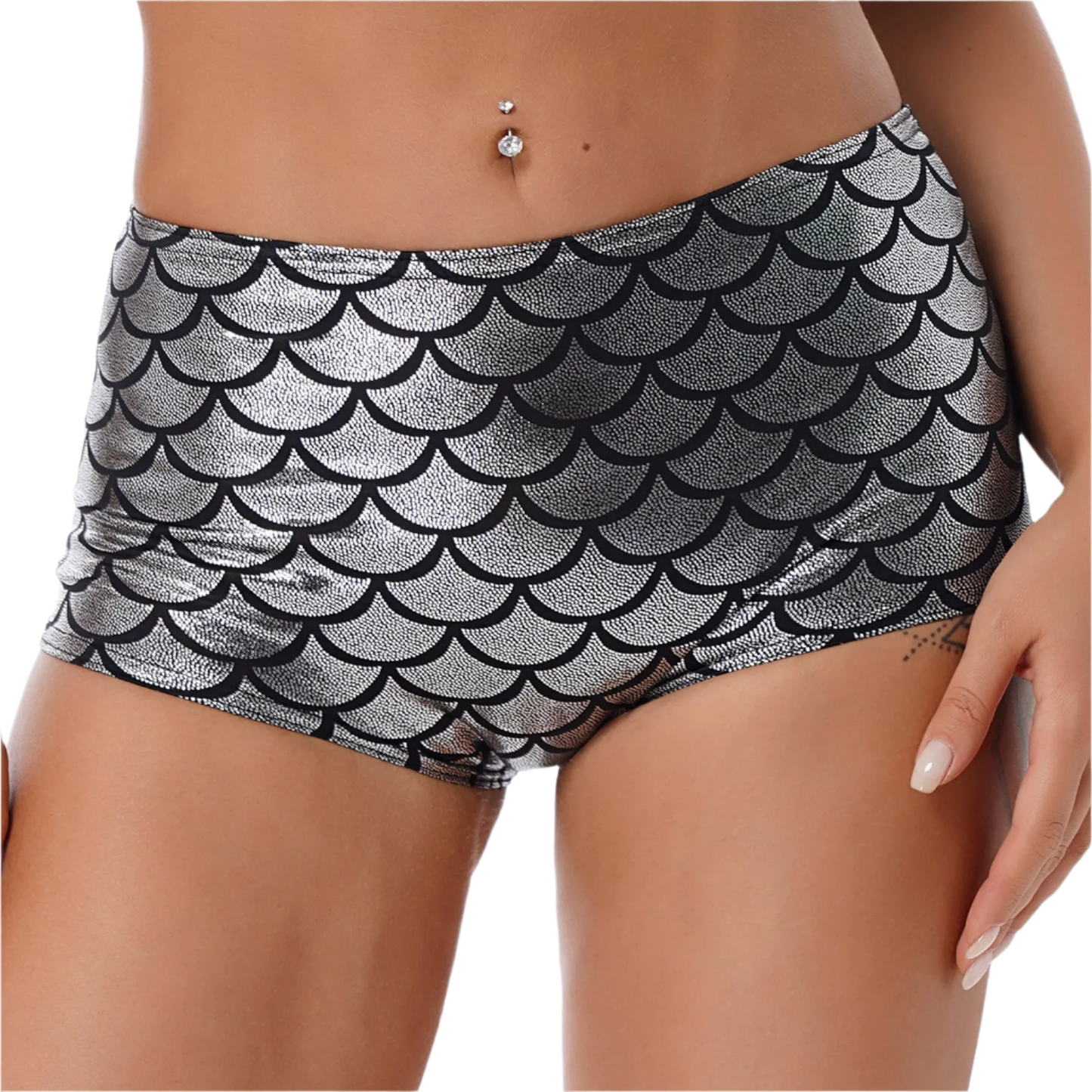 High-waisted mermaid scale booty shorts with fish scale texture for resort dance wear

