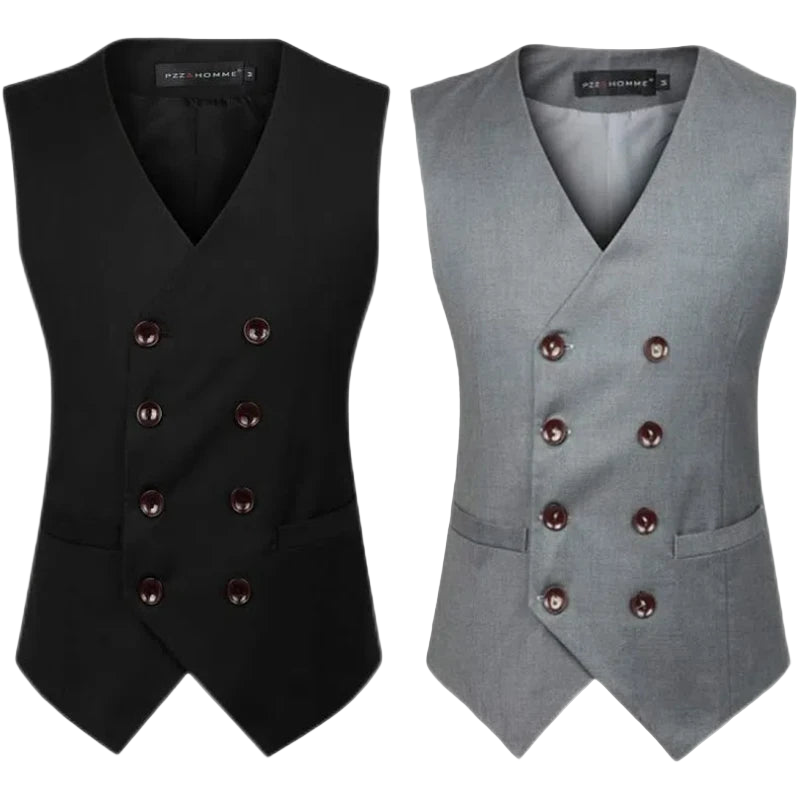 Black and gray double-breasted vests on a white background