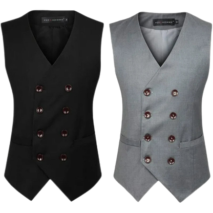 Black and gray double-breasted vests on a white background