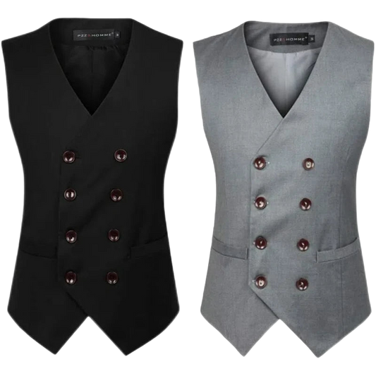 Black and gray double-breasted vests on a white background