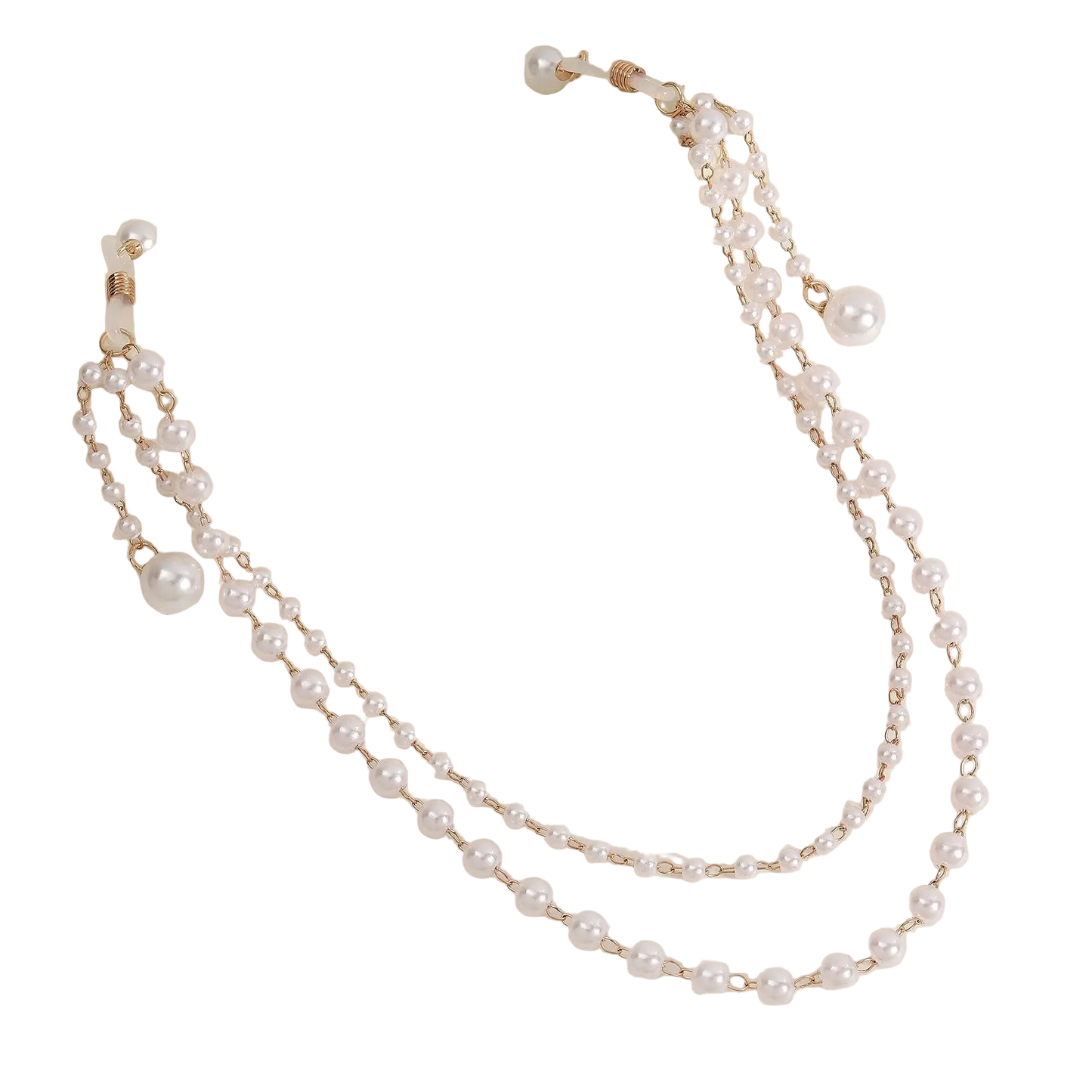 Pearl necklace with gold accents on a light beige background