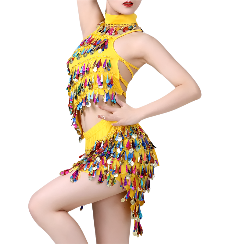  sequin coin tassel Latin dance set with fringe top and skirt for professional resort performances