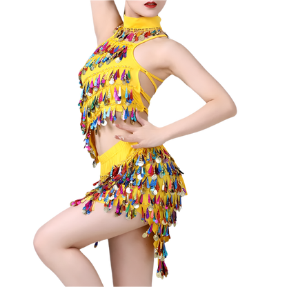  sequin coin tassel Latin dance set with fringe top and skirt for professional resort performances