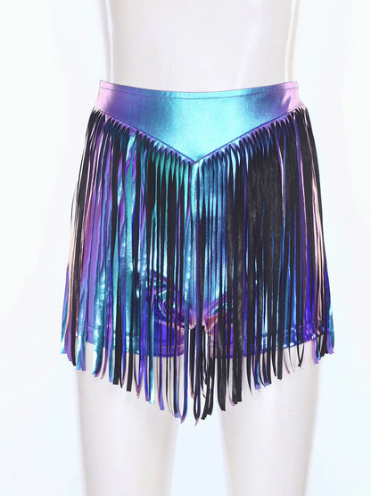 Women Iridescent Metallic Hot Pants with Fringed High Waist Tassel Skirted Shorts Cheeky Shorts Stage Dance Jazz Rock Clubwear