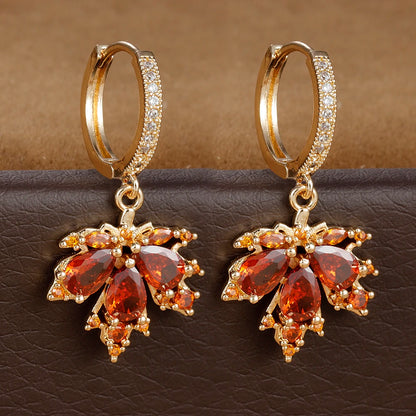 2pcs Vintage Crystal Zircon Stainless Steel Maple Leaf Earrings for Women Temperament Hoop Earrings Party Piercing Jewelry Gift