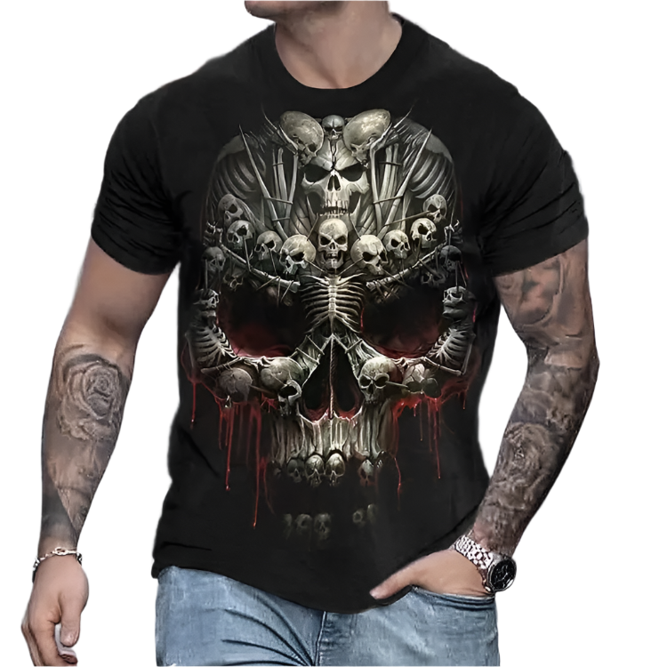 Person wearing a black t-shirt with a skull and skeleton design.